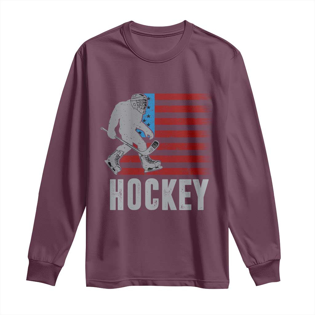 Hockey Bigfoot USA Flag Long Sleeve Shirt Vintage Patriotic Ice Hockey Player TS10 Maroon Print Your Wear