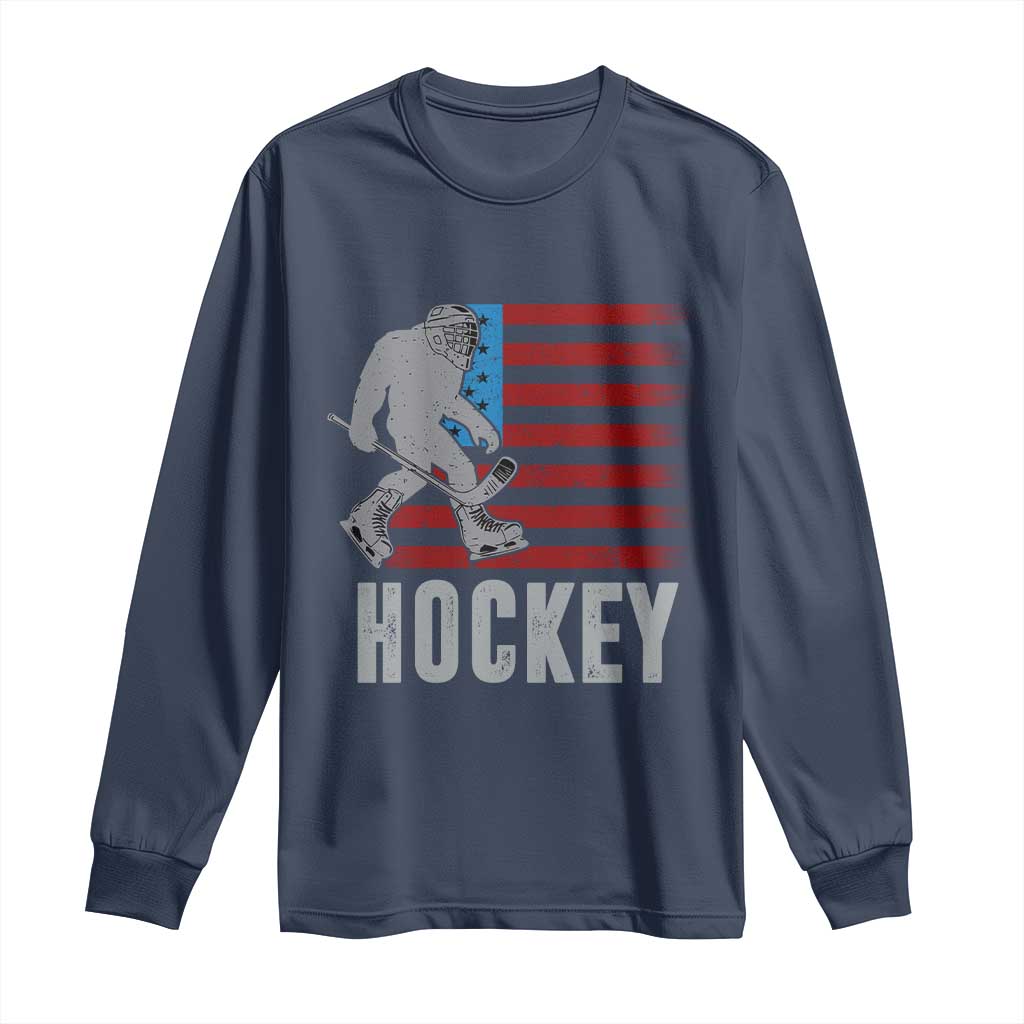 Hockey Bigfoot USA Flag Long Sleeve Shirt Vintage Patriotic Ice Hockey Player TS10 Navy Print Your Wear