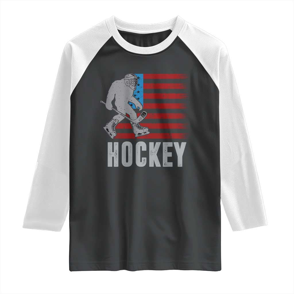 Hockey Bigfoot USA Flag Raglan Shirt Vintage Patriotic Ice Hockey Player TS10 Black White Print Your Wear