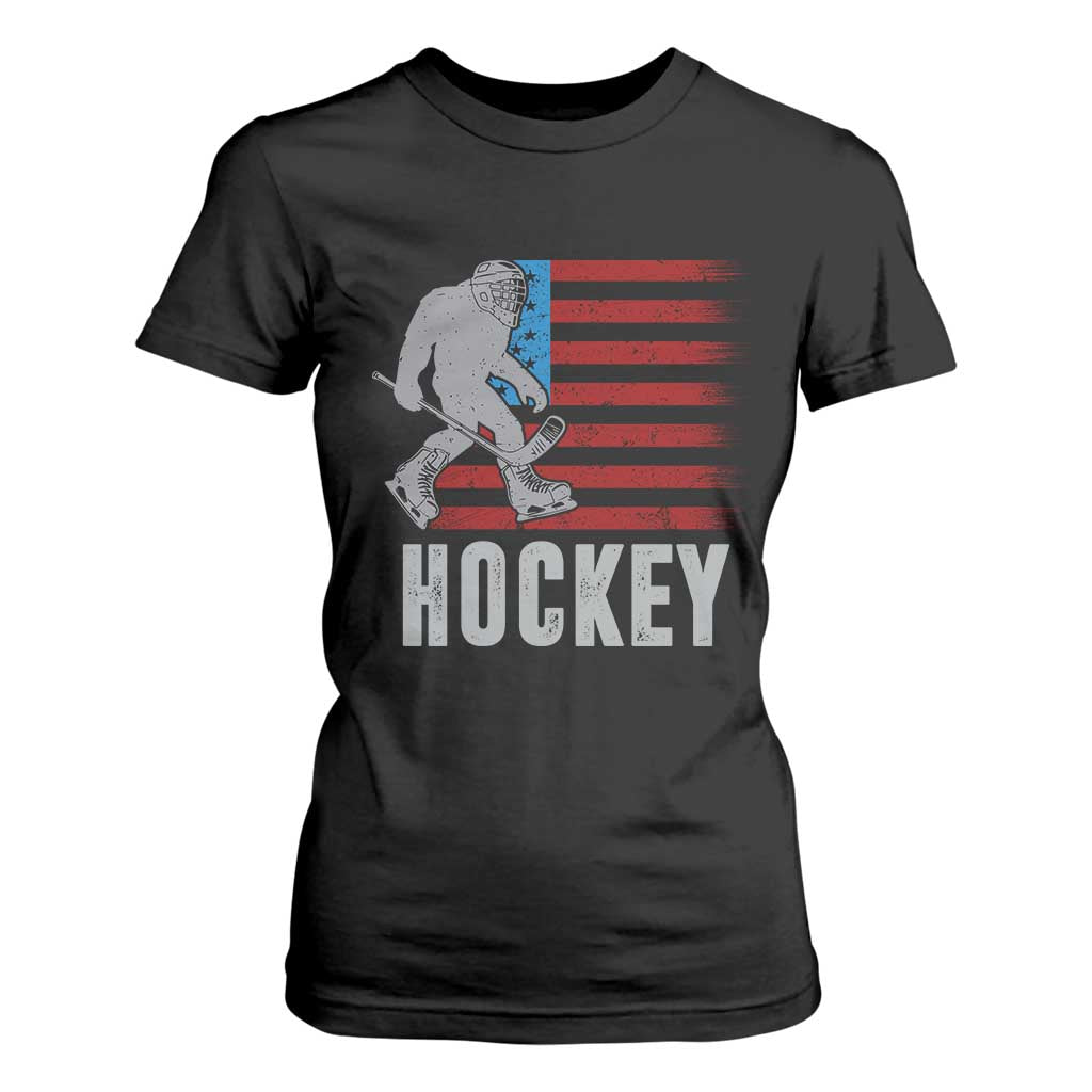 Hockey Bigfoot USA Flag T Shirt For Women Vintage Patriotic Ice Hockey Player TS10 Black Print Your Wear