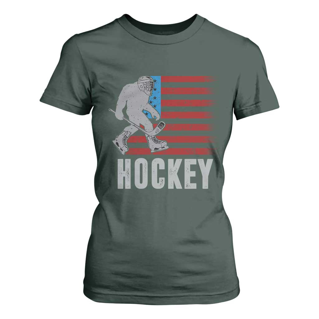 Hockey Bigfoot USA Flag T Shirt For Women Vintage Patriotic Ice Hockey Player TS10 Dark Forest Green Print Your Wear