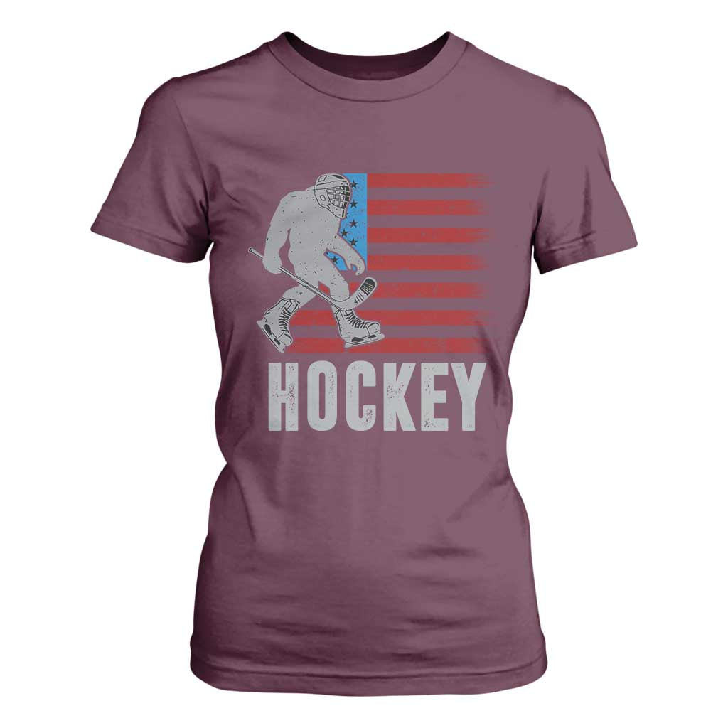 Hockey Bigfoot USA Flag T Shirt For Women Vintage Patriotic Ice Hockey Player TS10 Maroon Print Your Wear