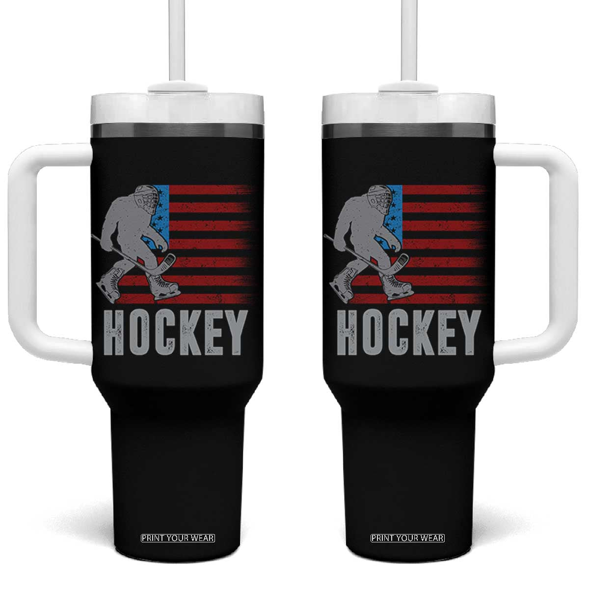Hockey Bigfoot USA Flag Tumbler With Handle Vintage Patriotic Ice Hockey Player - Print Your Wear