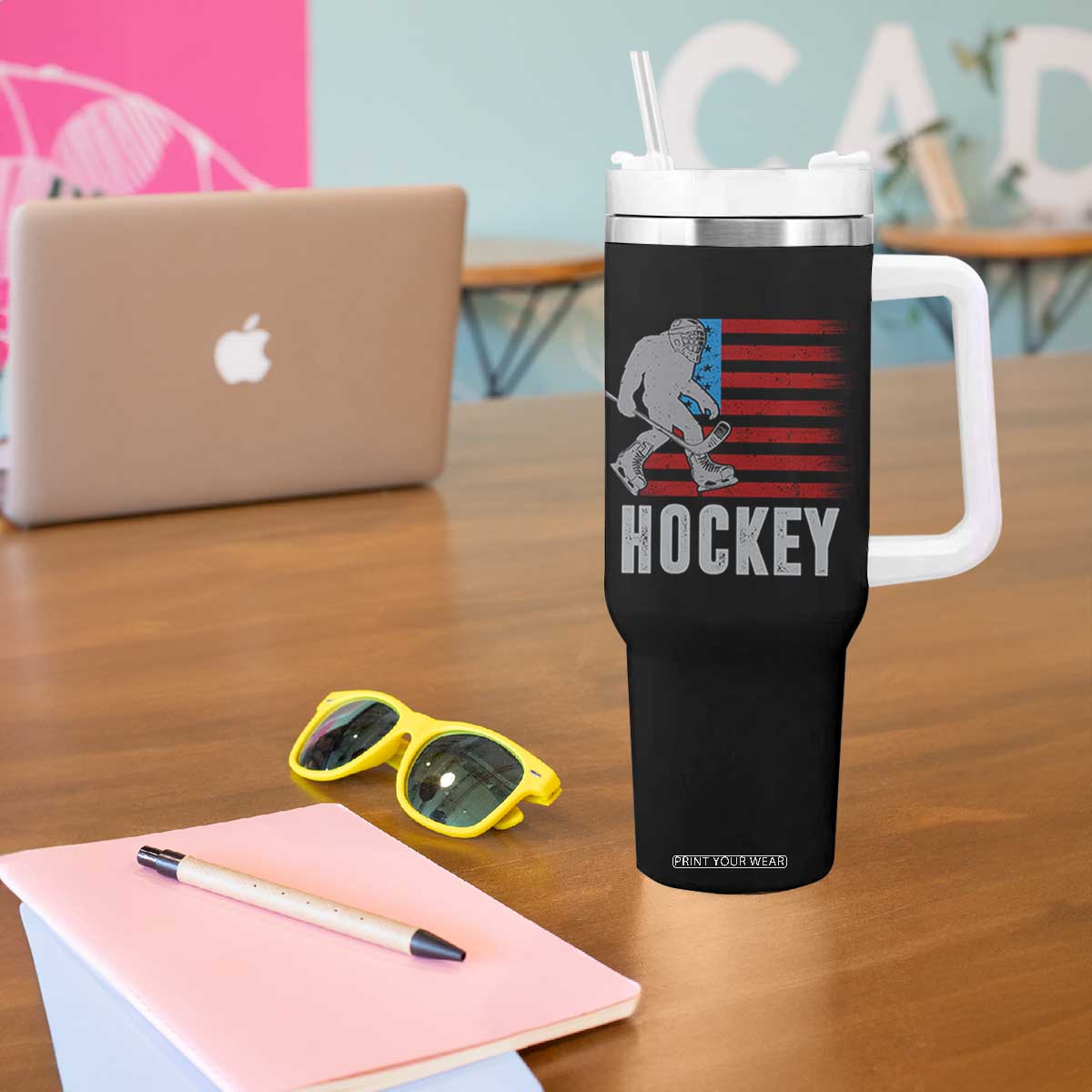 Hockey Bigfoot USA Flag Tumbler With Handle Vintage Patriotic Ice Hockey Player TS10 Print Your Wear