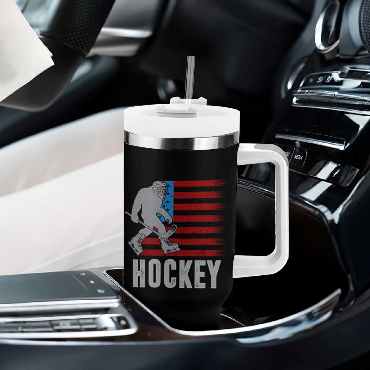 Hockey Bigfoot USA Flag Tumbler With Handle Vintage Patriotic Ice Hockey Player TS10 Print Your Wear