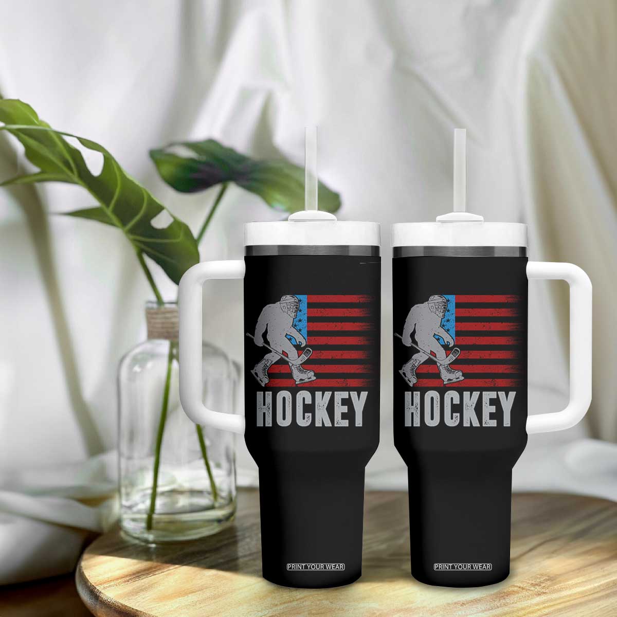 Hockey Bigfoot USA Flag Tumbler With Handle Vintage Patriotic Ice Hockey Player TS10 Print Your Wear