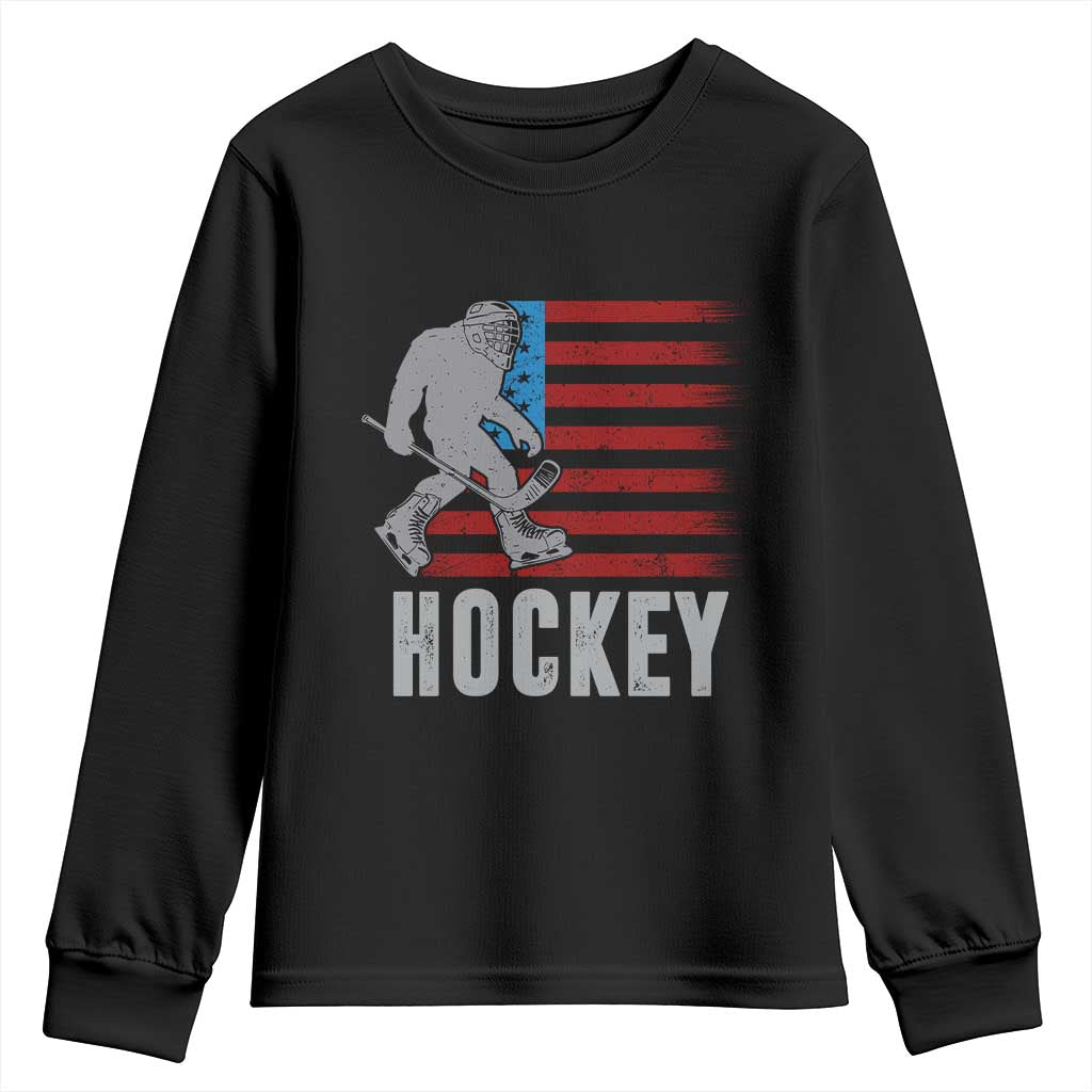 Hockey Bigfoot USA Flag Youth Sweatshirt Vintage Patriotic Ice Hockey Player TS10 Black Print Your Wear