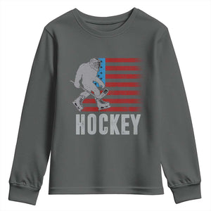 Hockey Bigfoot USA Flag Youth Sweatshirt Vintage Patriotic Ice Hockey Player TS10 Dark Heather Print Your Wear