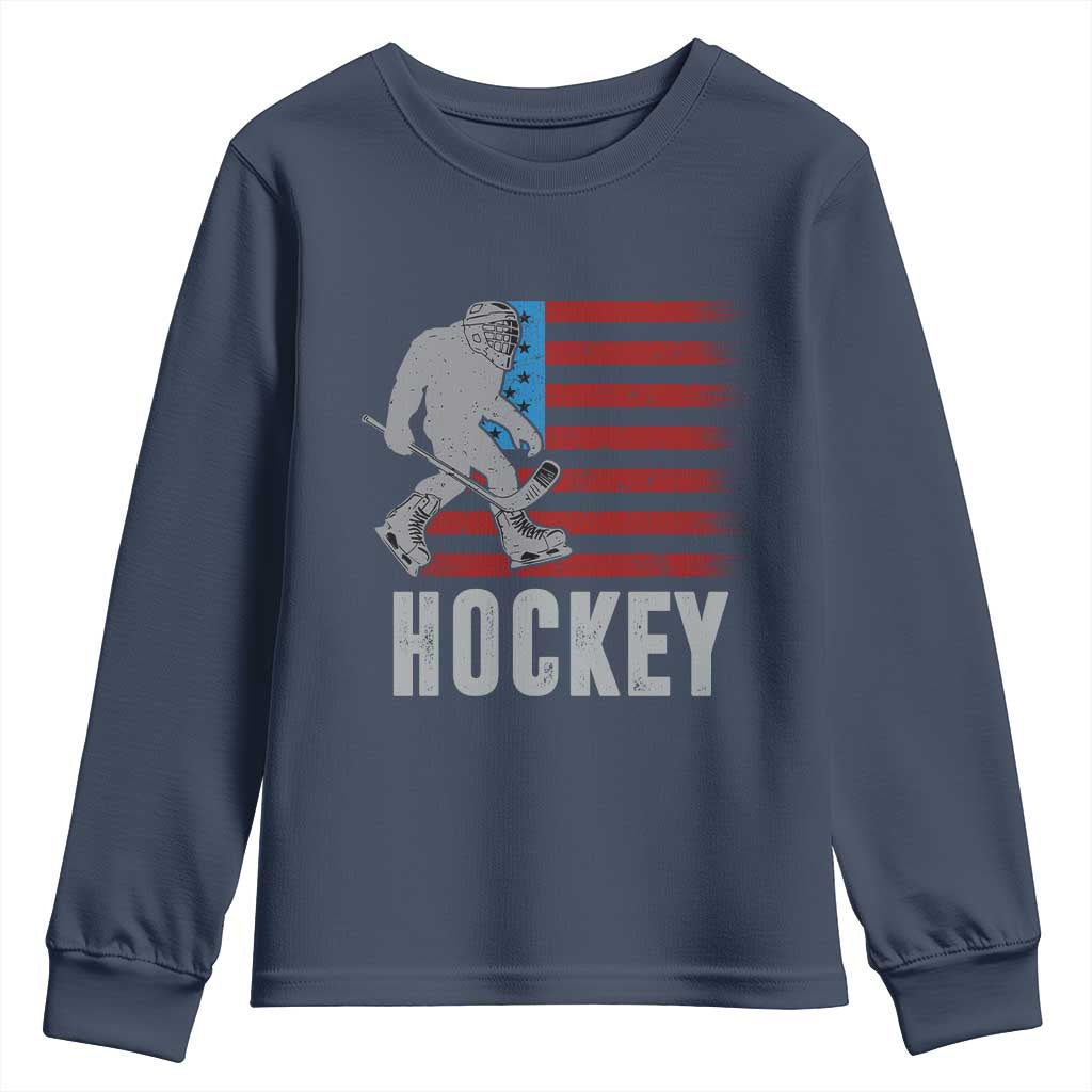 Hockey Bigfoot USA Flag Youth Sweatshirt Vintage Patriotic Ice Hockey Player TS10 Navy Print Your Wear