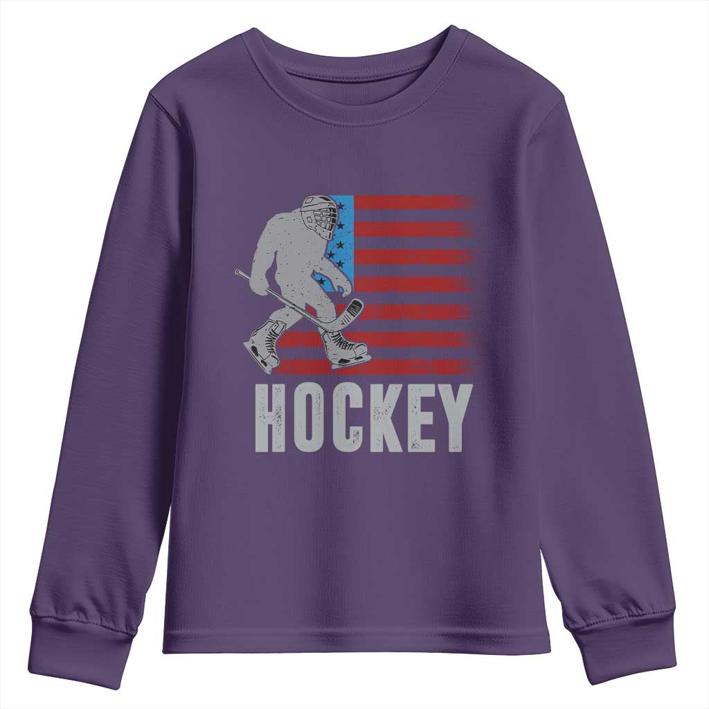 Hockey Bigfoot USA Flag Youth Sweatshirt Vintage Patriotic Ice Hockey Player TS10 Purple Print Your Wear