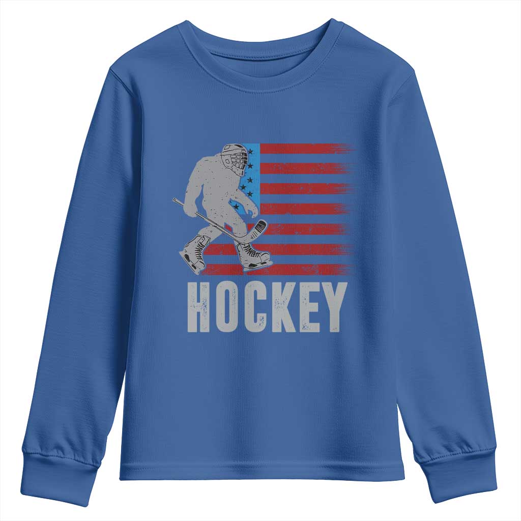 Hockey Bigfoot USA Flag Youth Sweatshirt Vintage Patriotic Ice Hockey Player TS10 Royal Blue Print Your Wear