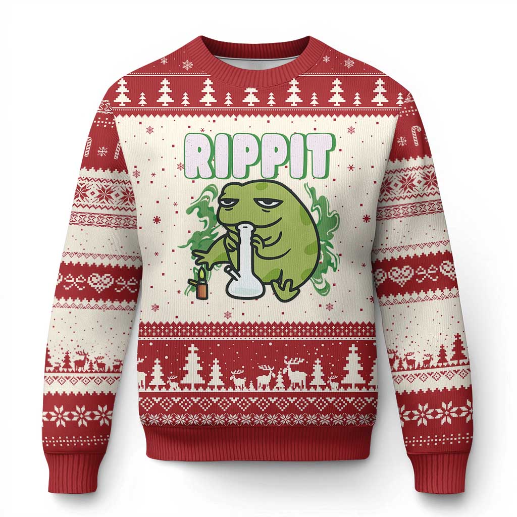 Rippit Frog Meme Ugly Christmas Sweater Funny Stoner Bong Rip TS10 Beige Red Print Your Wear