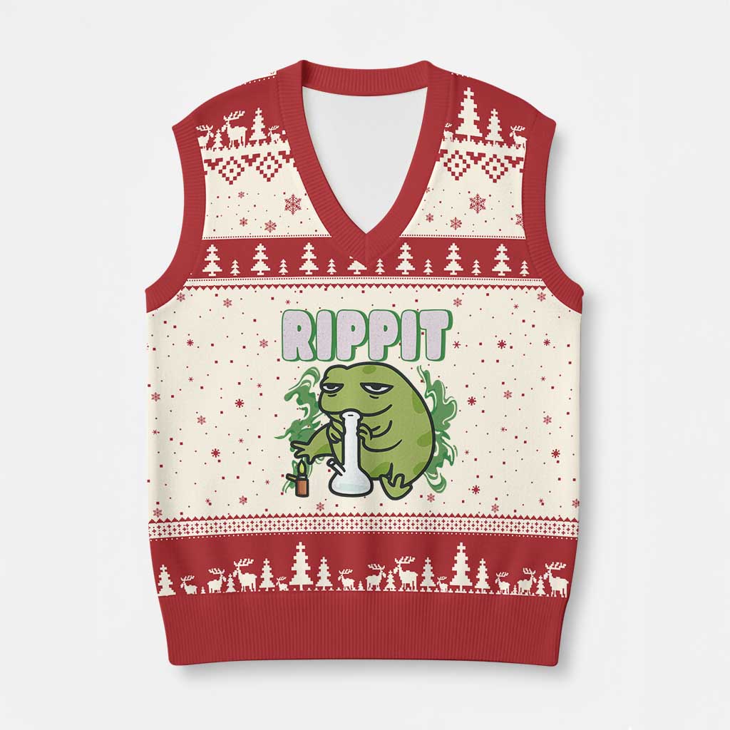 Rippit Frog Meme V-Neck Knit Sweater Vest Funny Stoner Bong Rip TS10 Beige Red Print Your Wear