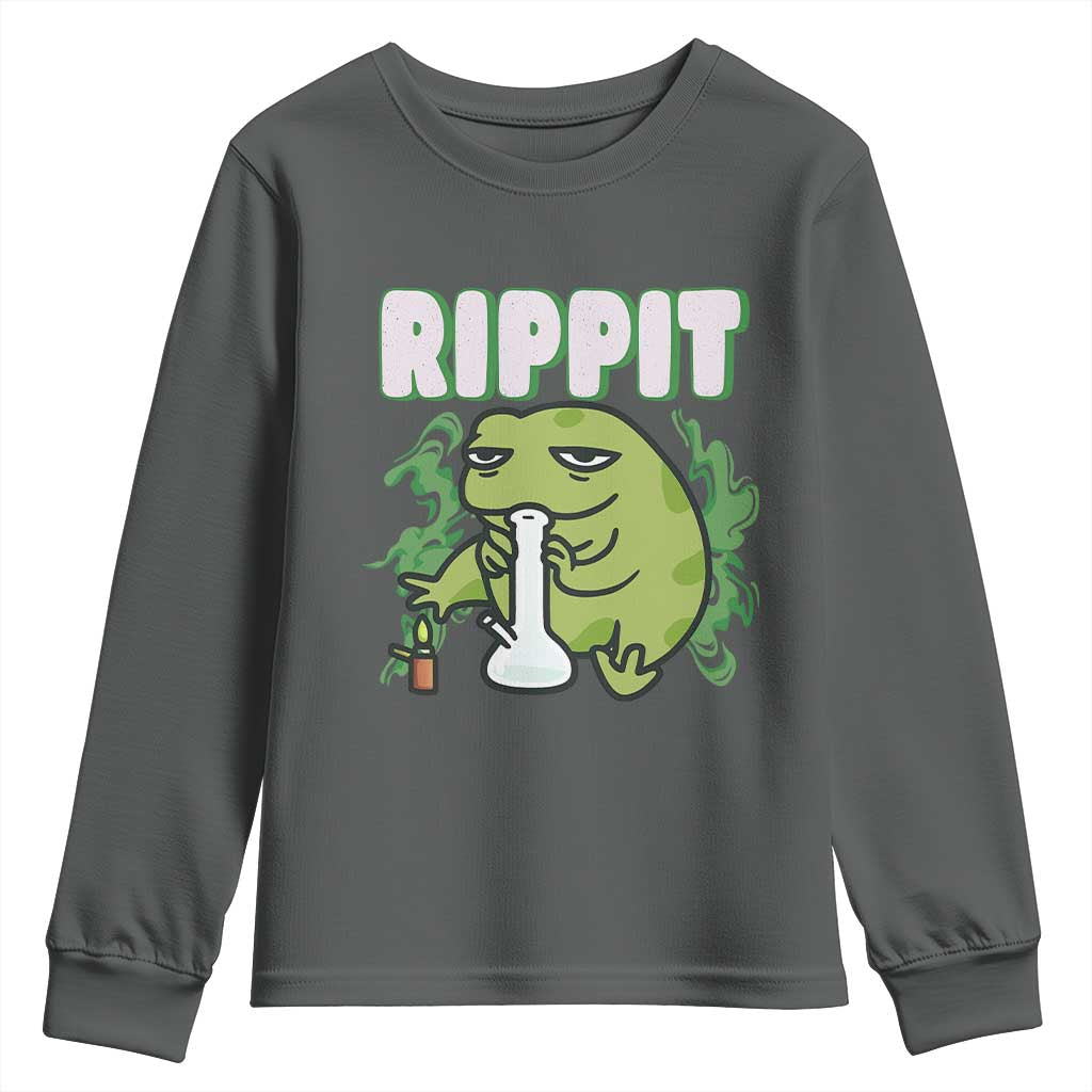Rippit Frog Meme Youth Sweatshirt Funny Stoner Bong Rip TS10 Dark Heather Print Your Wear