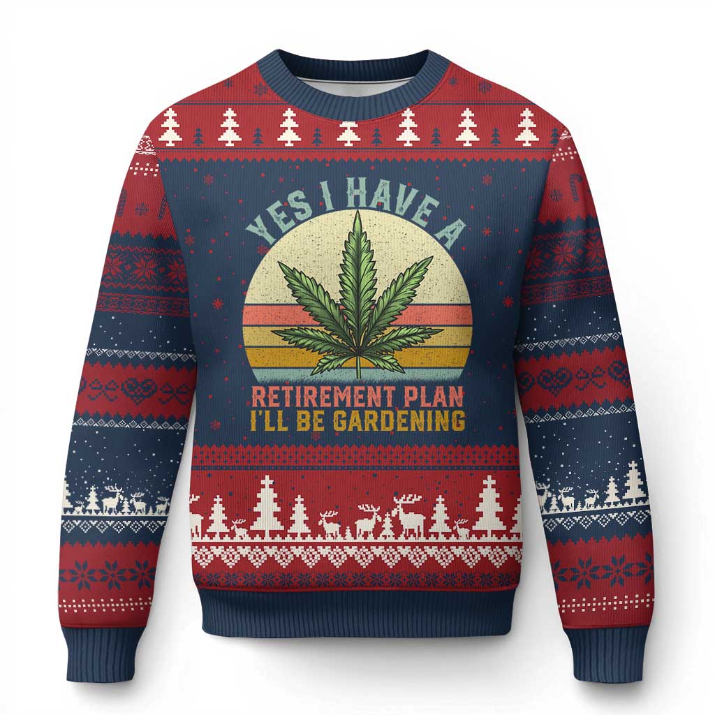 Funny Retired Weed Lovers Ugly Christmas Sweater Vintage I Have a Retirement Plan Gardening 420 Gift TS10 Navy Red Print Your Wear