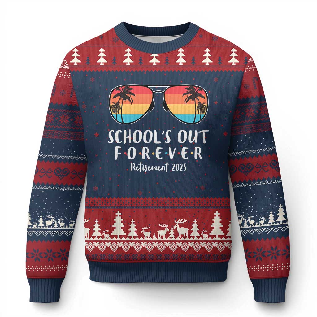 Retired Teacher 2025 Ugly Christmas Sweater School's Out Forever Retirement Summer Vibes TS10 Navy Red Print Your Wear
