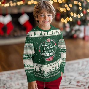 Retired Teacher Ugly Christmas Sweater Floral For Grandmas Retirement TS10 Forest Green Beige Print Your Wear