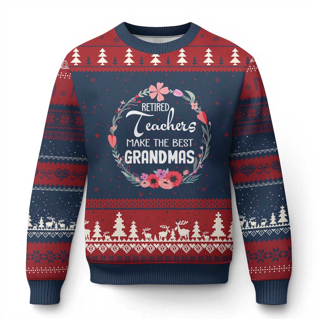 Retired Teacher Ugly Christmas Sweater Floral For Grandmas Retirement TS10 Navy Red Print Your Wear