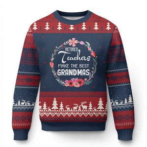 Retired Teacher Ugly Christmas Sweater Floral For Grandmas Retirement TS10 Navy Red Print Your Wear