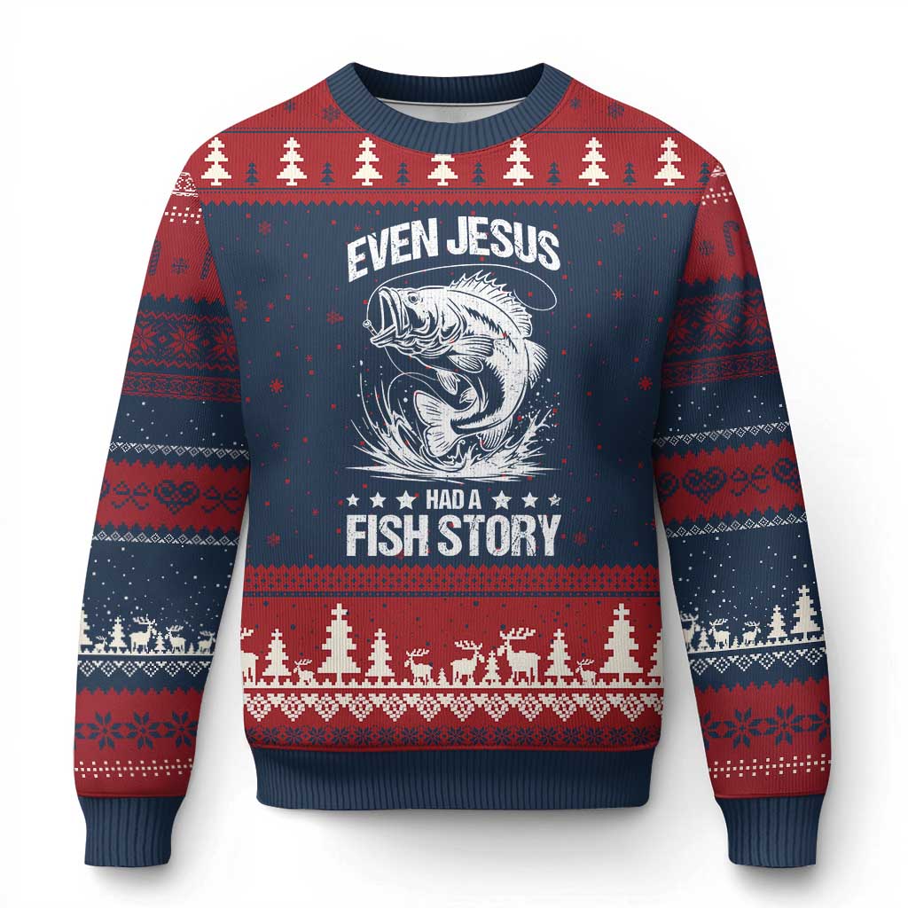 Funny Fishing Ugly Christmas Sweater Even Jesus Had A Fish Story Funny Christian Fisherman TS10 Navy Red Print Your Wear