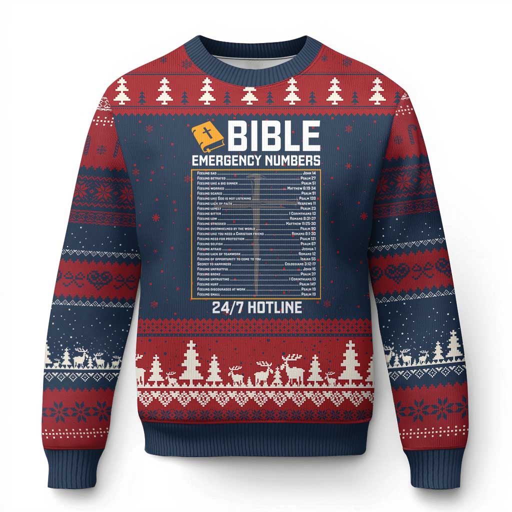 Bible Emergency Numbers Ugly Christmas Sweater Funny Christian Bible Jesus Religious TS10 Navy Red Print Your Wear