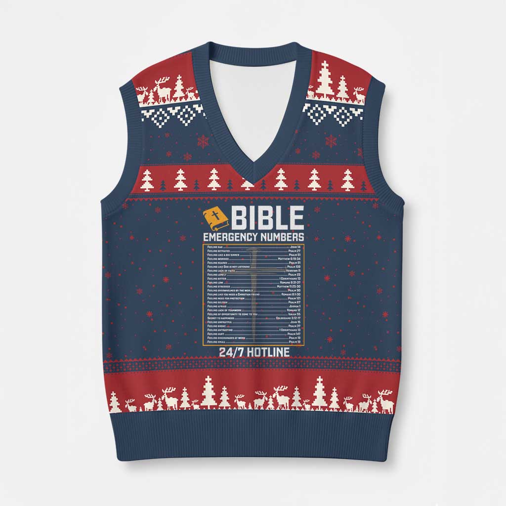 Bible Emergency Numbers V-Neck Knit Sweater Vest Funny Christian Bible Jesus Religious TS10 Navy Red Print Your Wear