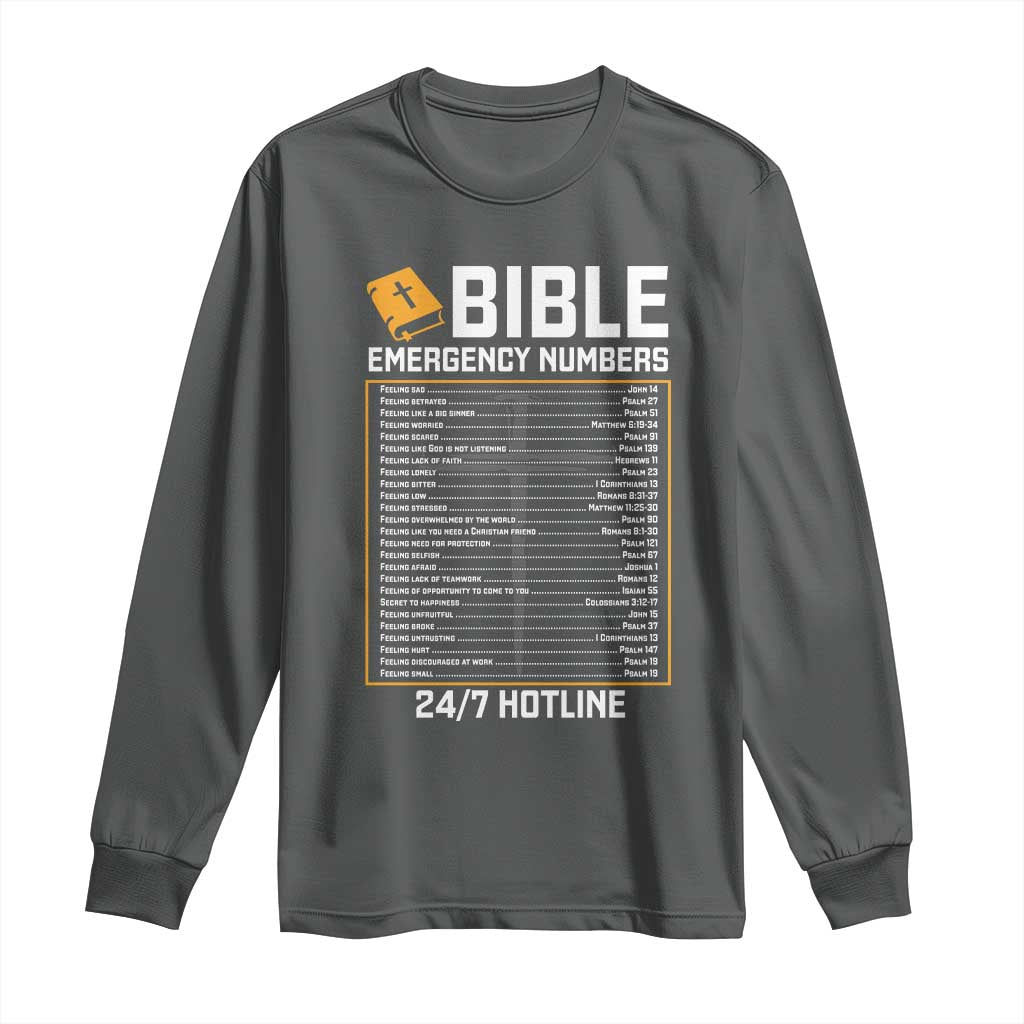 Bible Emergency Numbers Long Sleeve Shirt Funny Christian Bible Jesus Religious TS10 Dark Heather Print Your Wear