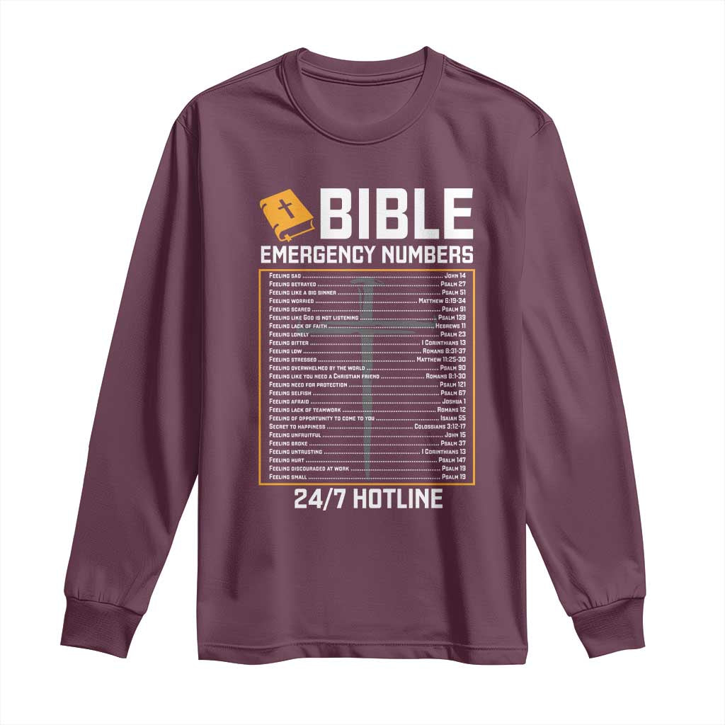 Bible Emergency Numbers Long Sleeve Shirt Funny Christian Bible Jesus Religious TS10 Maroon Print Your Wear