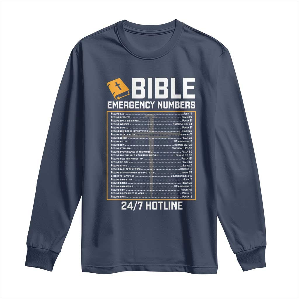 Bible Emergency Numbers Long Sleeve Shirt Funny Christian Bible Jesus Religious TS10 Navy Print Your Wear