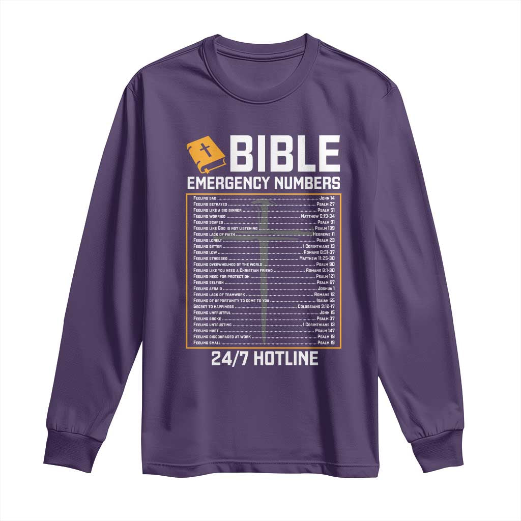 Bible Emergency Numbers Long Sleeve Shirt Funny Christian Bible Jesus Religious TS10 Purple Print Your Wear