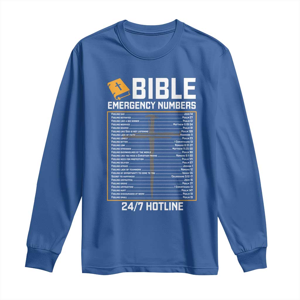 Bible Emergency Numbers Long Sleeve Shirt Funny Christian Bible Jesus Religious TS10 Royal Blue Print Your Wear