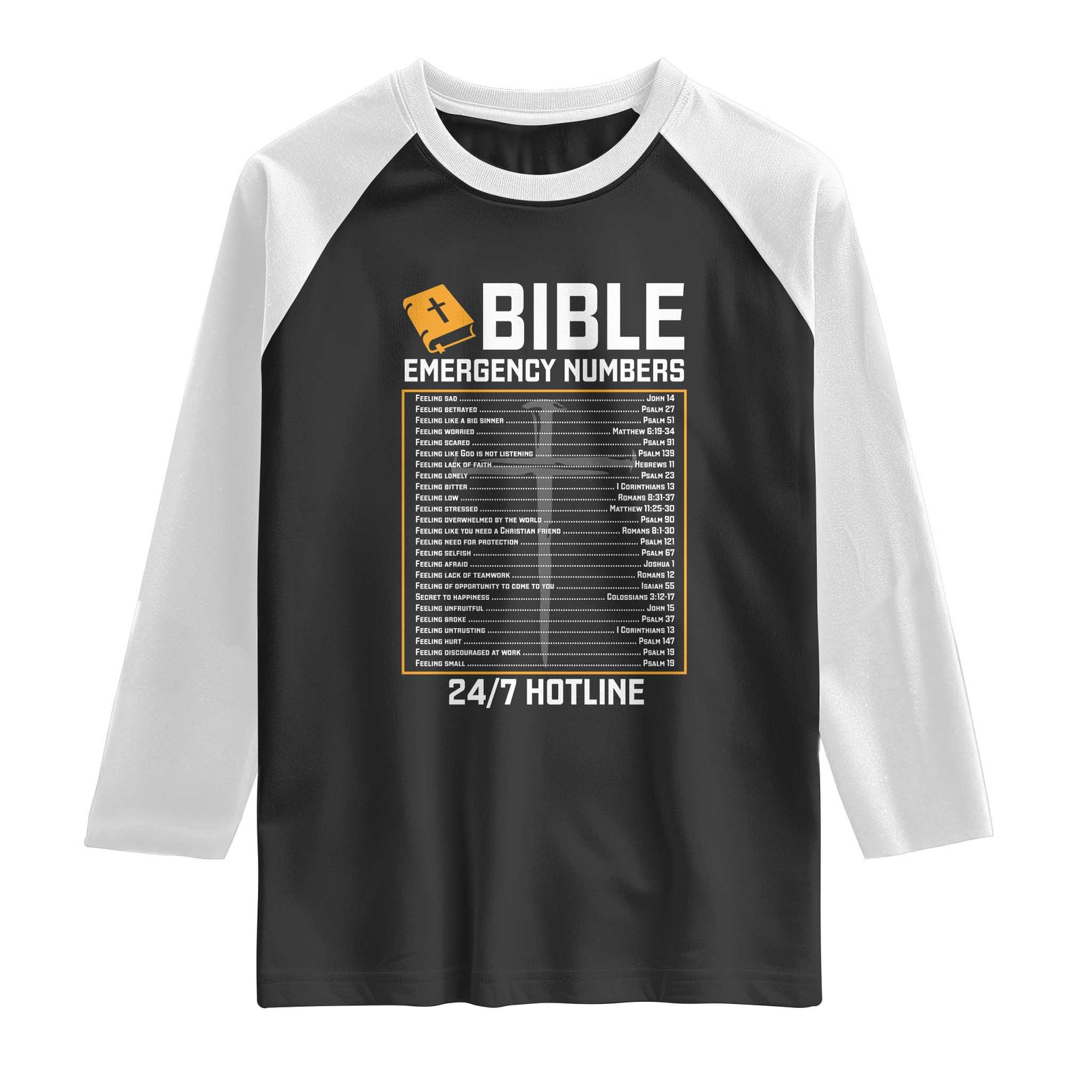Bible Emergency Numbers Raglan Shirt Funny Christian Bible Jesus Religious TS10 Black White Print Your Wear