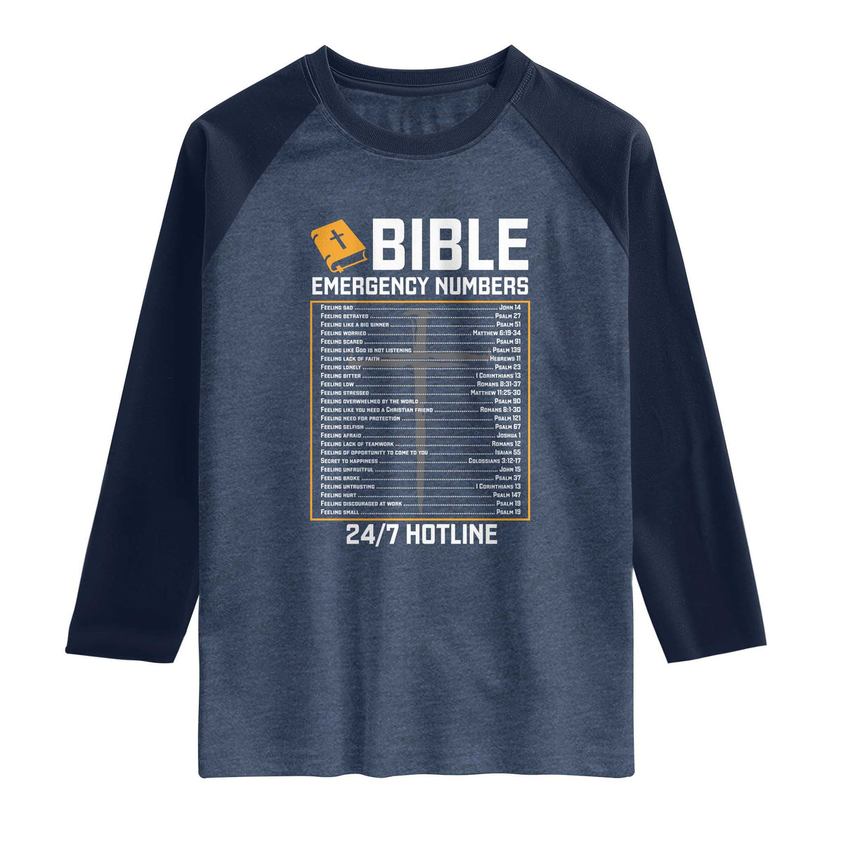 Bible Emergency Numbers Raglan Shirt Funny Christian Bible Jesus Religious TS10 Heather Denim Navy Print Your Wear