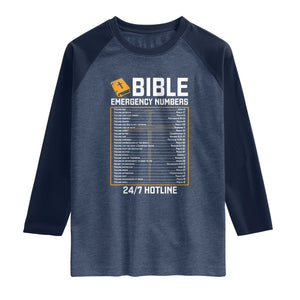 Bible Emergency Numbers Raglan Shirt Funny Christian Bible Jesus Religious TS10 Heather Denim Navy Print Your Wear