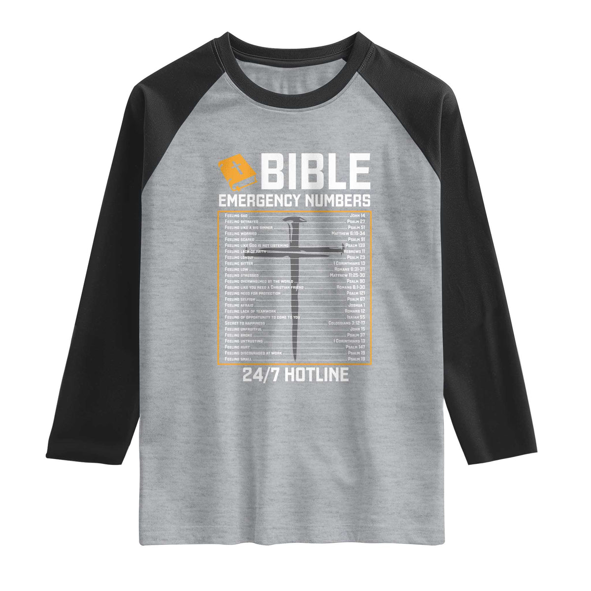 Bible Emergency Numbers Raglan Shirt Funny Christian Bible Jesus Religious TS10 Heather Gray Black Print Your Wear