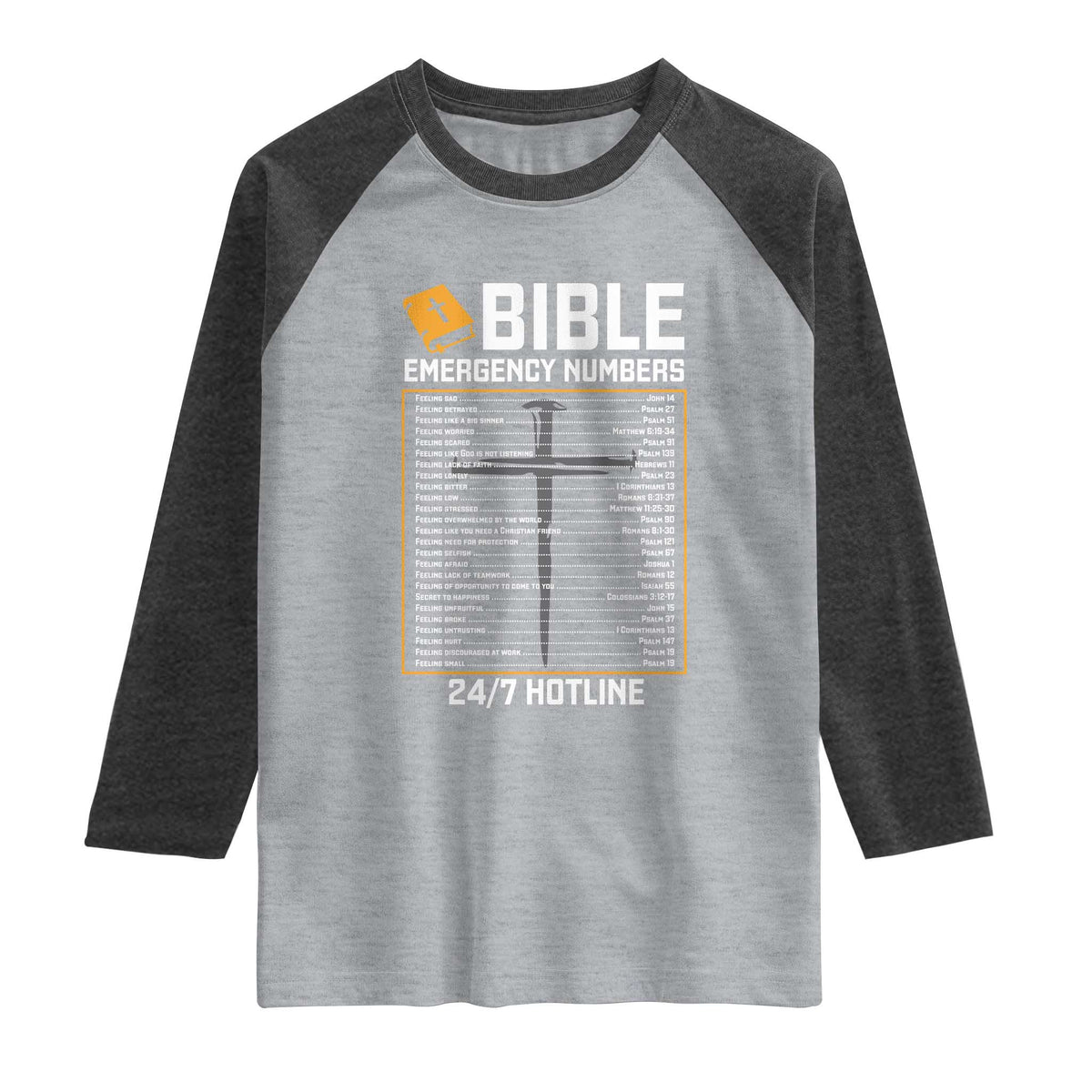 Bible Emergency Numbers Raglan Shirt Funny Christian Bible Jesus Religious TS10 Heather Gray Heather Charcoal Print Your Wear