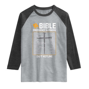 Bible Emergency Numbers Raglan Shirt Funny Christian Bible Jesus Religious TS10 Heather Gray Heather Charcoal Print Your Wear