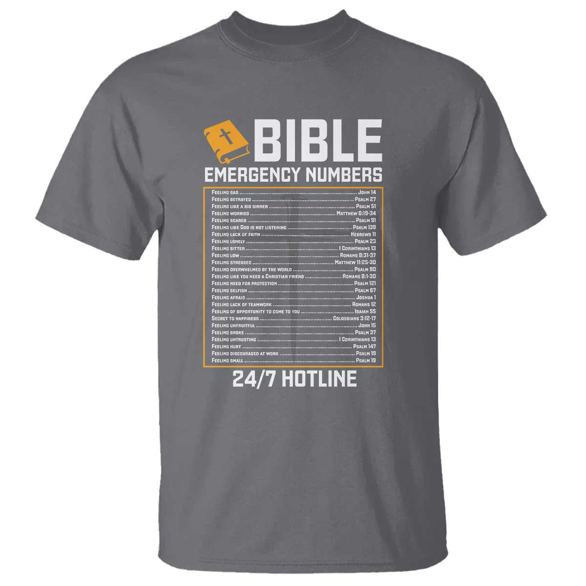 Bible Emergency Numbers T Shirt Funny Christian Bible Jesus Religious TS10 Charcoal Print Your Wear