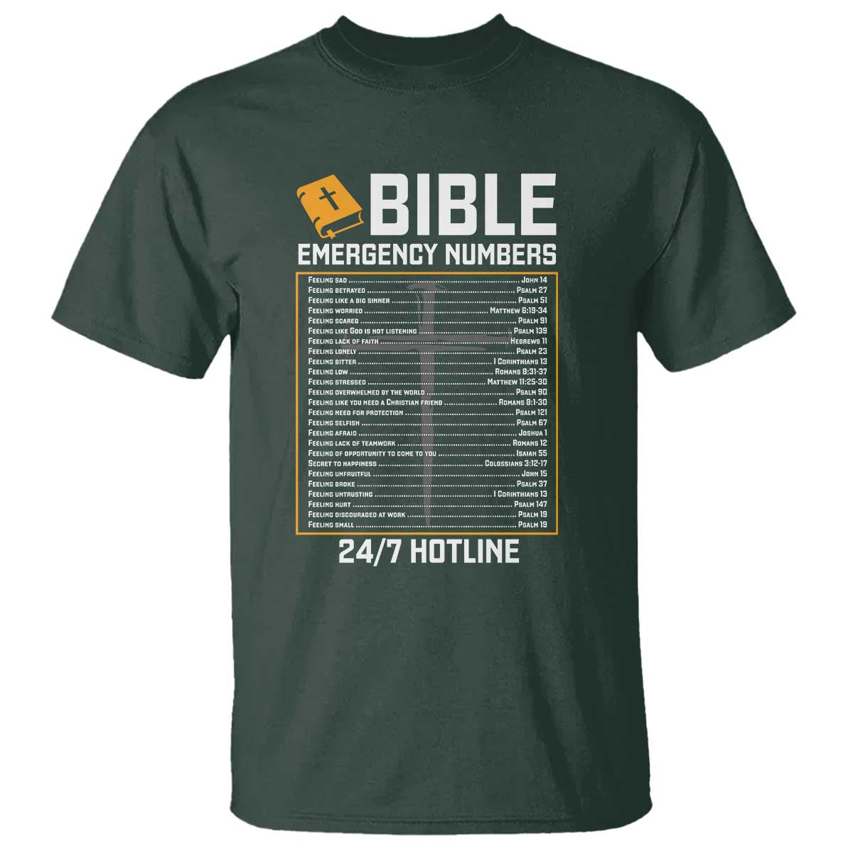 Bible Emergency Numbers T Shirt Funny Christian Bible Jesus Religious TS10 Dark Forest Green Print Your Wear