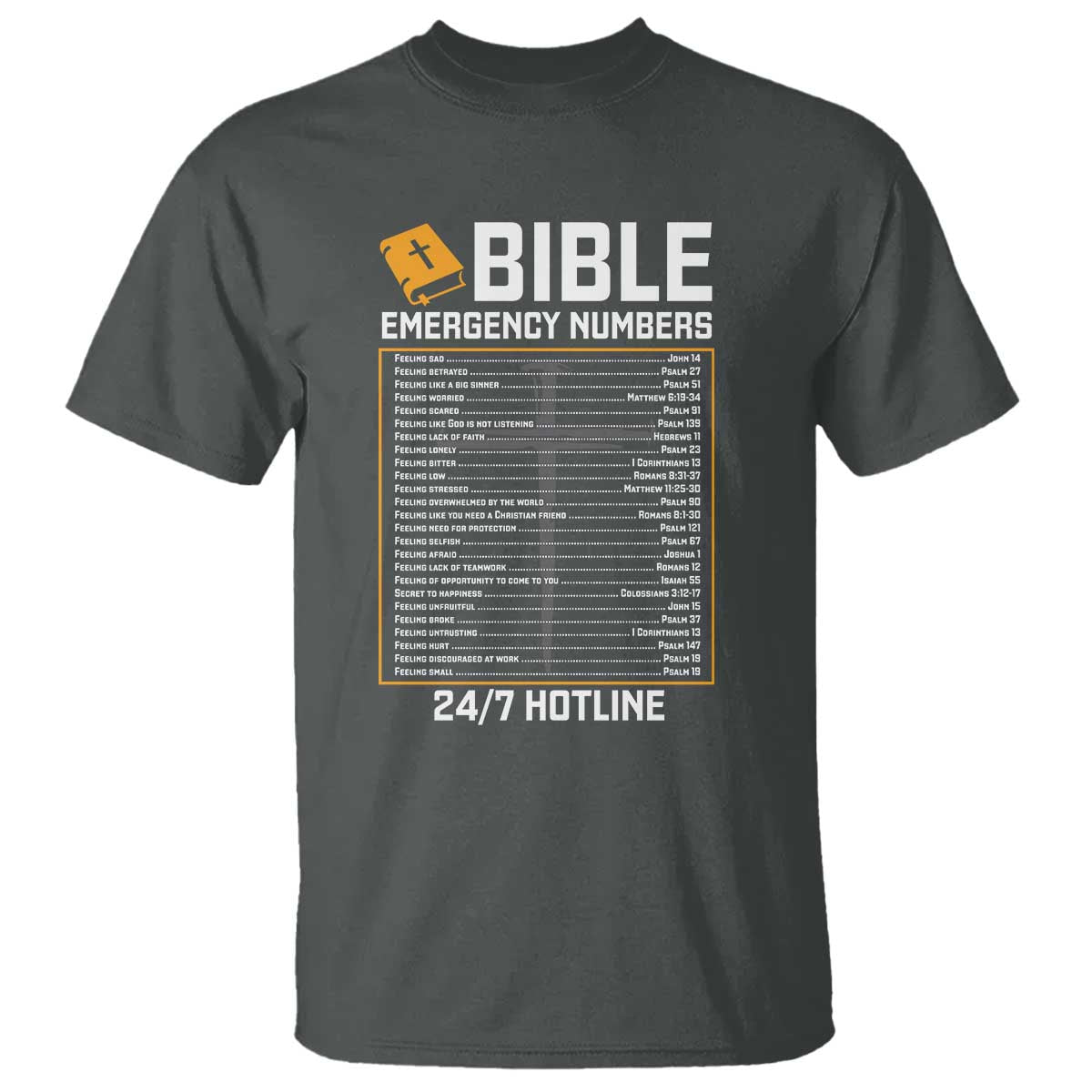 Bible Emergency Numbers T Shirt Funny Christian Bible Jesus Religious TS10 Dark Heather Print Your Wear