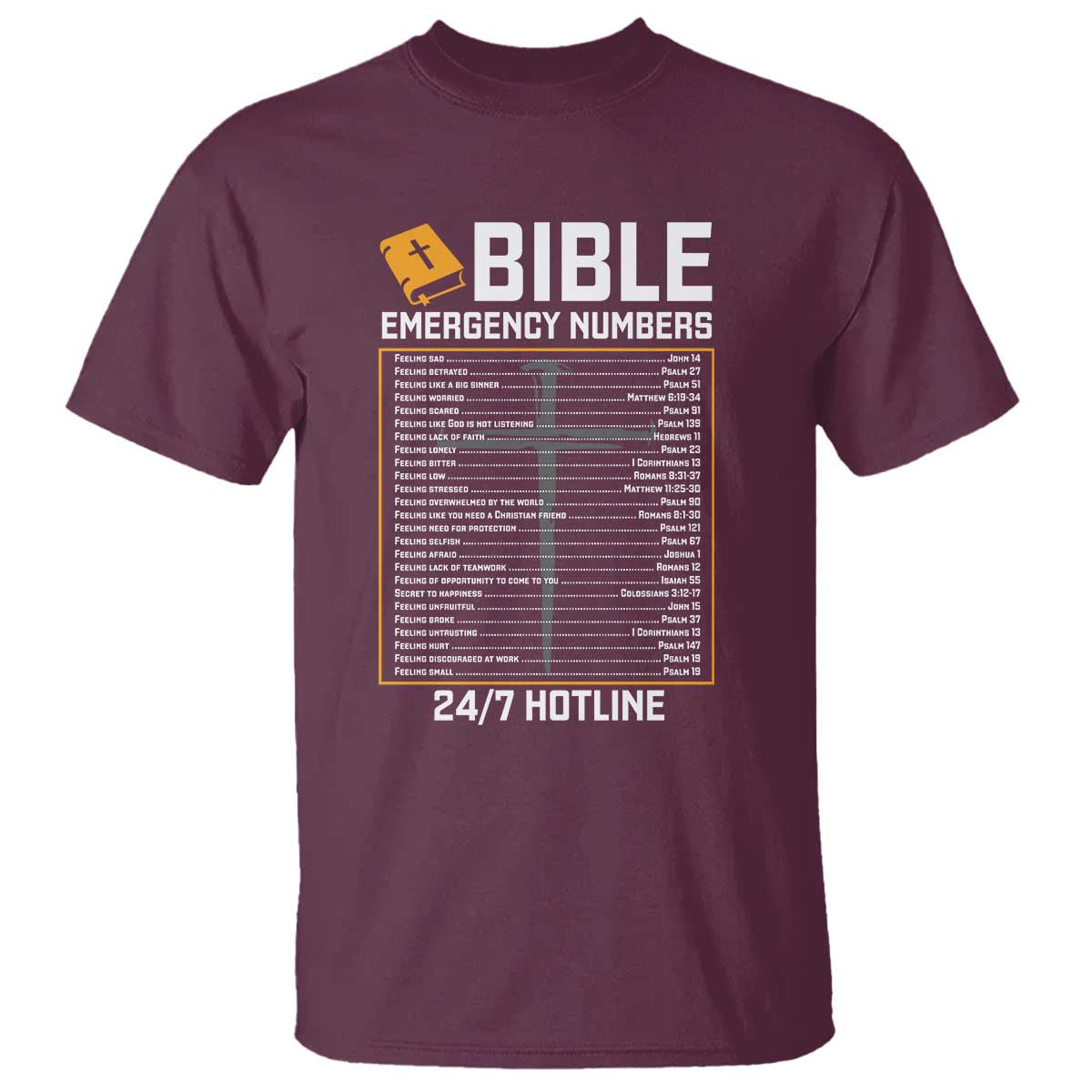 Bible Emergency Numbers T Shirt Funny Christian Bible Jesus Religious TS10 Maroon Print Your Wear