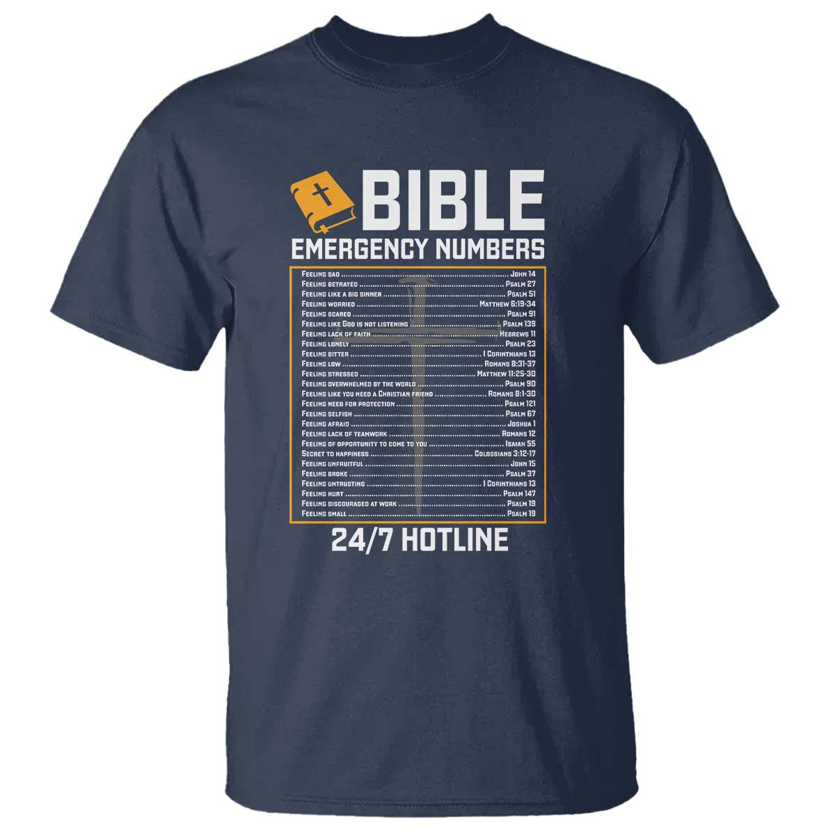 Bible Emergency Numbers T Shirt Funny Christian Bible Jesus Religious TS10 Navy Print Your Wear
