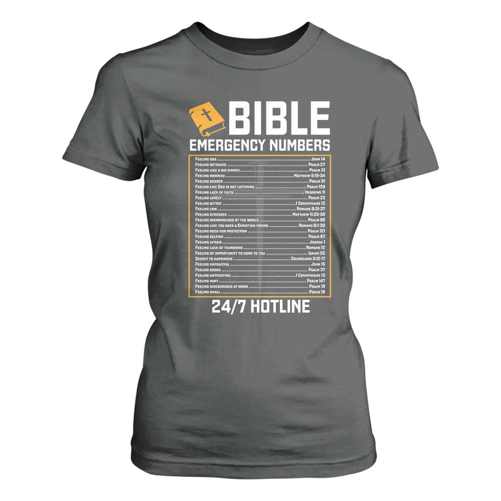 Bible Emergency Numbers T Shirt For Women Funny Christian Bible Jesus Religious TS10 Dark Heather Print Your Wear