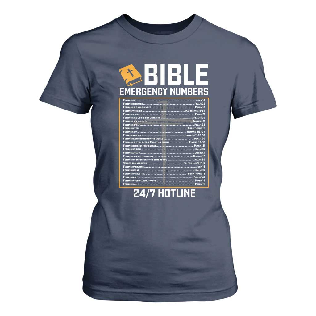 Bible Emergency Numbers T Shirt For Women Funny Christian Bible Jesus Religious TS10 Navy Print Your Wear