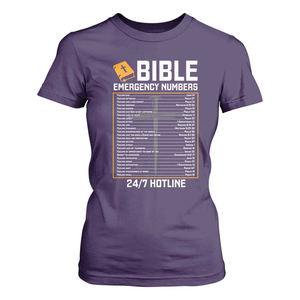 Bible Emergency Numbers T Shirt For Women Funny Christian Bible Jesus Religious TS10 Purple Print Your Wear