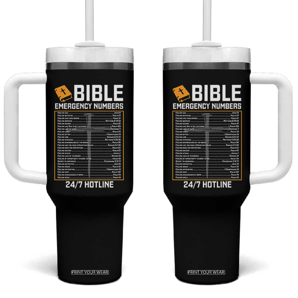 Bible Emergency Numbers Tumbler With Handle Funny Christian Bible Jesus Religious TS10 One Size: 40 oz Black Print Your Wear