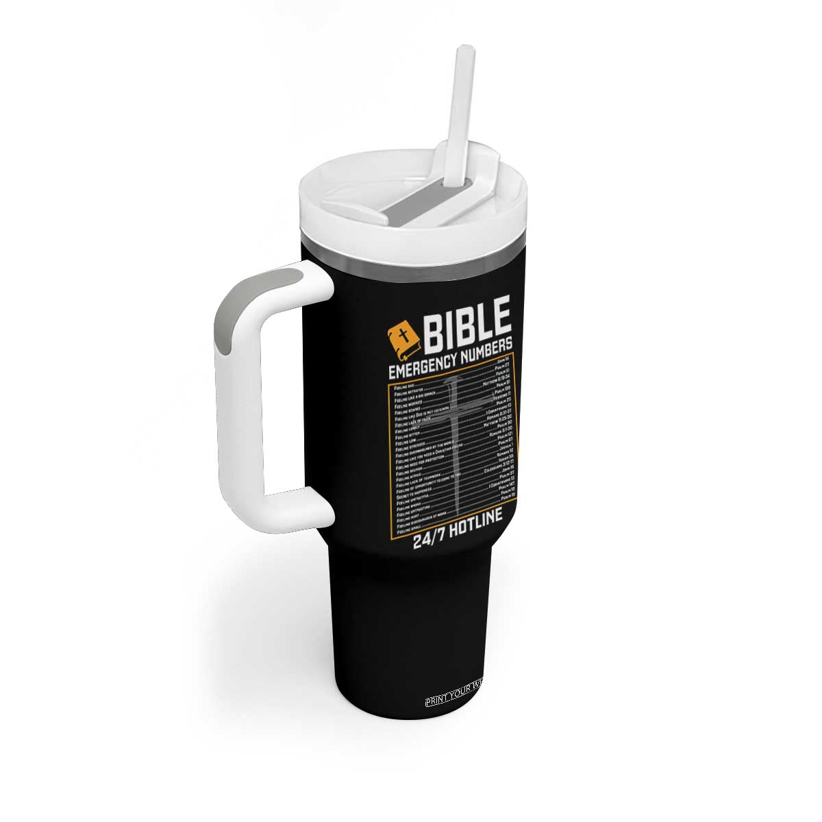 Bible Emergency Numbers Tumbler With Handle Funny Christian Bible Jesus Religious TS10 Print Your Wear