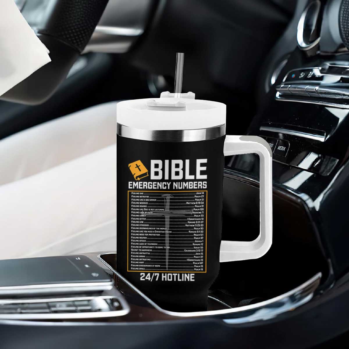 Bible Emergency Numbers Tumbler With Handle Funny Christian Bible Jesus Religious TS10 Print Your Wear
