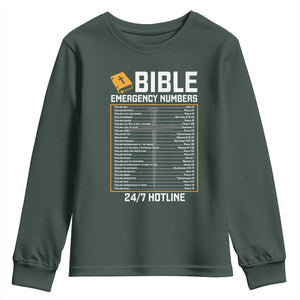 Bible Emergency Numbers Youth Sweatshirt Funny Christian Bible Jesus Religious TS10 Dark Forest Green Print Your Wear
