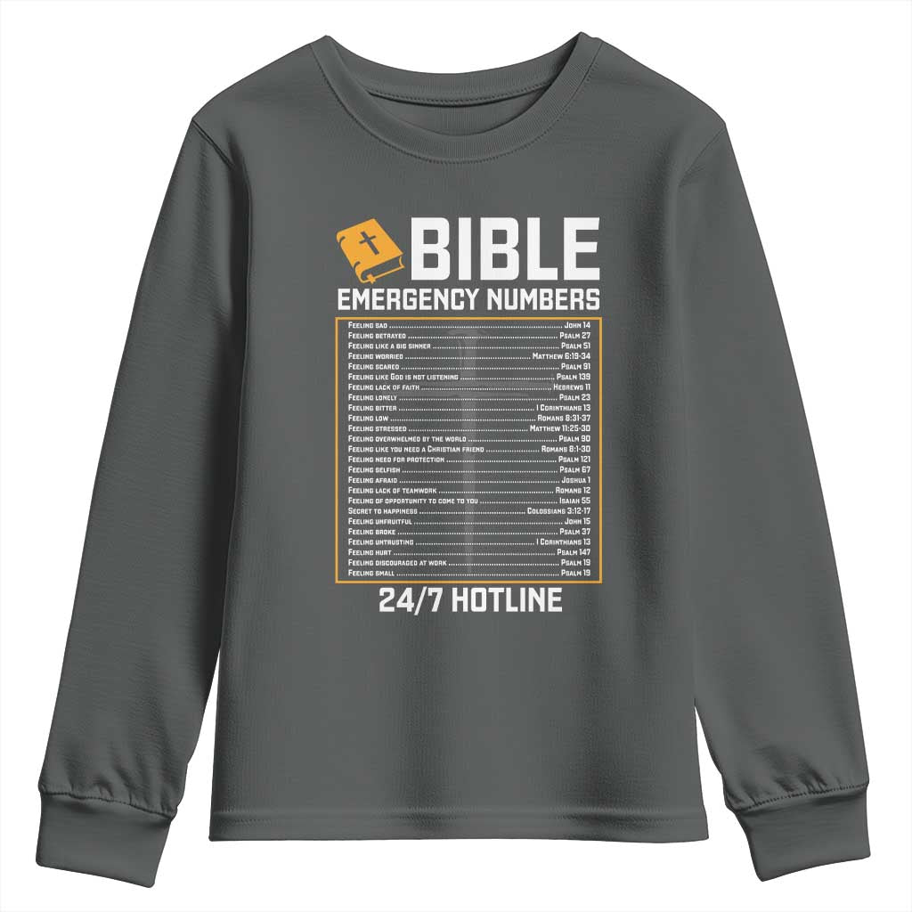 Bible Emergency Numbers Youth Sweatshirt Funny Christian Bible Jesus Religious TS10 Dark Heather Print Your Wear